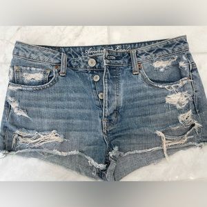 American Eagle distressed blue jean shorts, button fly, women’s 8, gently used